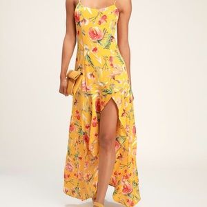 NWT Lulu’s Zinnia Mustard Yellow Floral Print High-Low Maxi Dress, Size Small